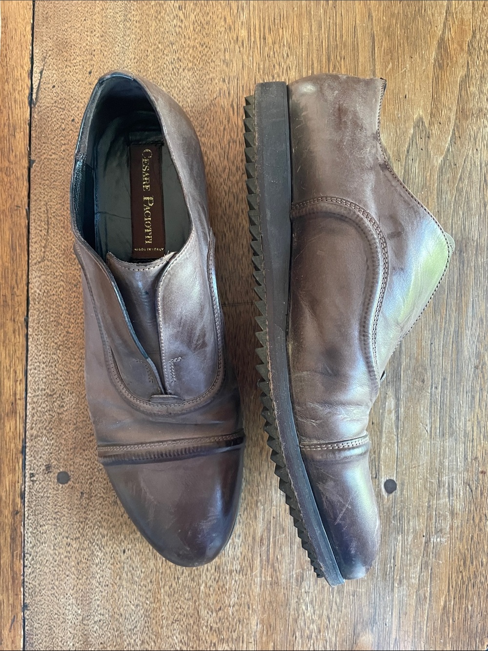 Cesare Paciotti Italian Brown Distressed Leather Slip-On Loafers